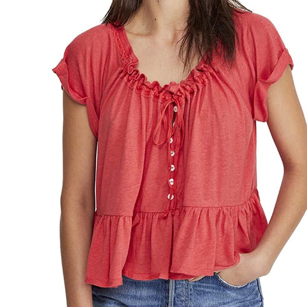 Free People Top Loose Fit Charlie Ruffle Button Down Flowy Size Small NWT